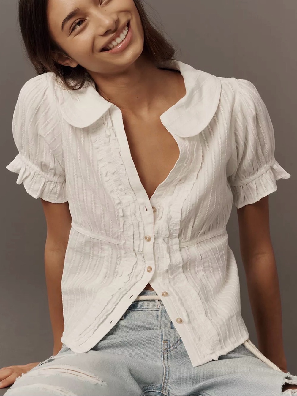 Anthropologie White Textured Button-Front Puff Sleeve Blouse size small